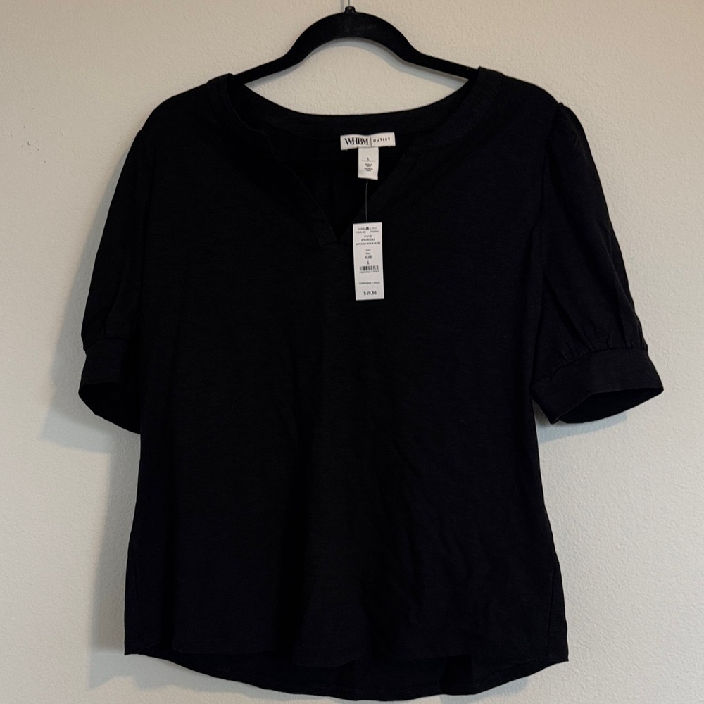 White House Black Market Short Sleeve Puff Notch V-Neck Tee Shirt Top L NWT